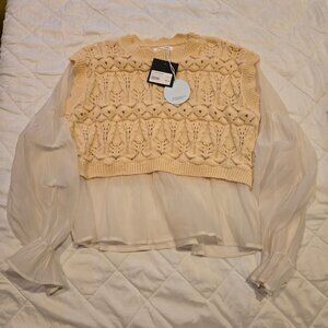 Cloud Ten Fashion Sheer Arm Crochet Vest Sweater Cream Size Women's M